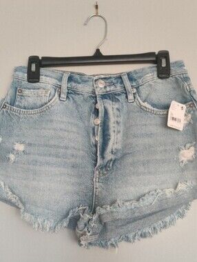 Free People Lasso High Rise Distressed Frayed Hem Denim Shorts